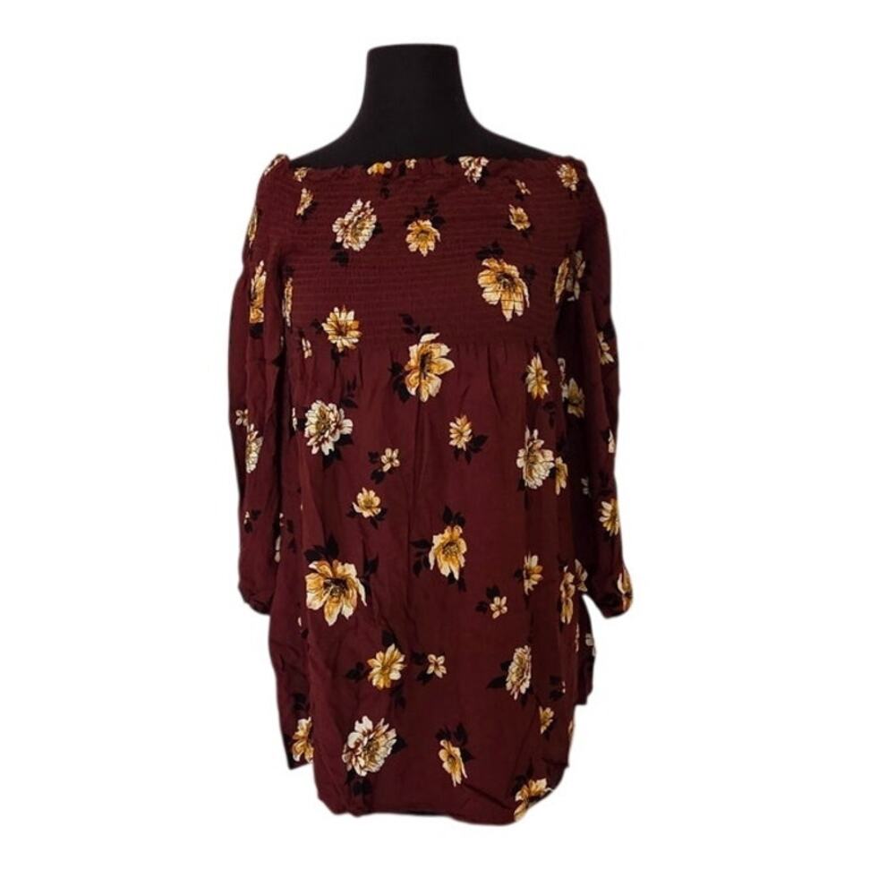 Xhilaration Maroon with Yellow Flowers Smocked Shirt - XXL